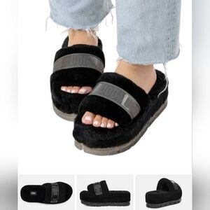 UGG Fluffita Black Sheepskin Fluffy Slide Sandals
